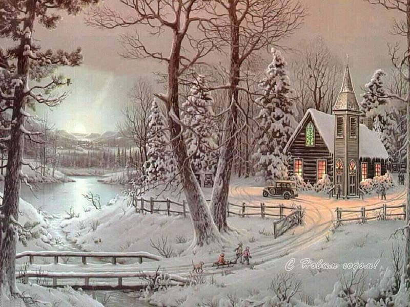 Going Home for Christmas, house, christmas, turret, trees, lake, winter, water, snow, bridge, HD wallpaper