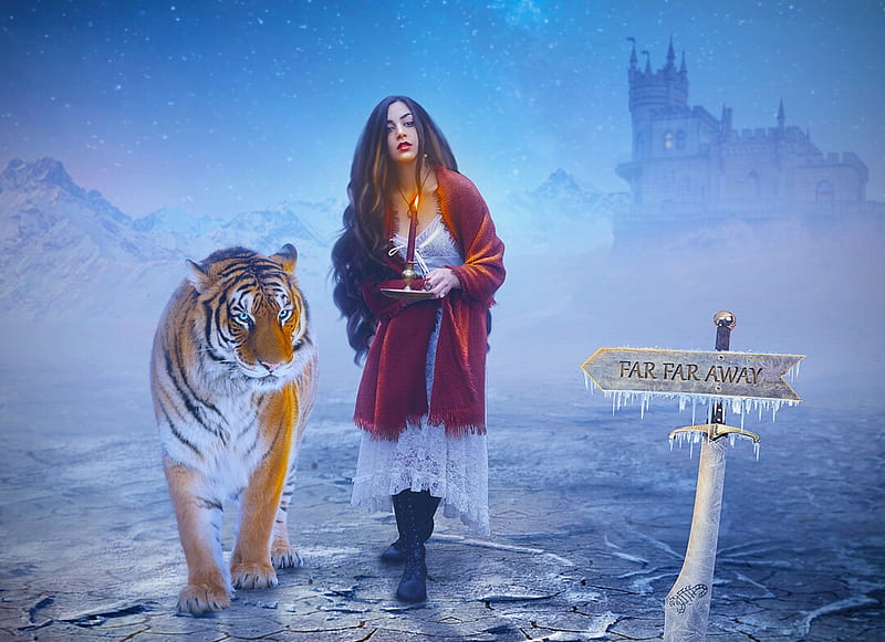 Far, far away, tigru, tiger, girl, mabelle elise, fantasy, winter, HD wallpaper