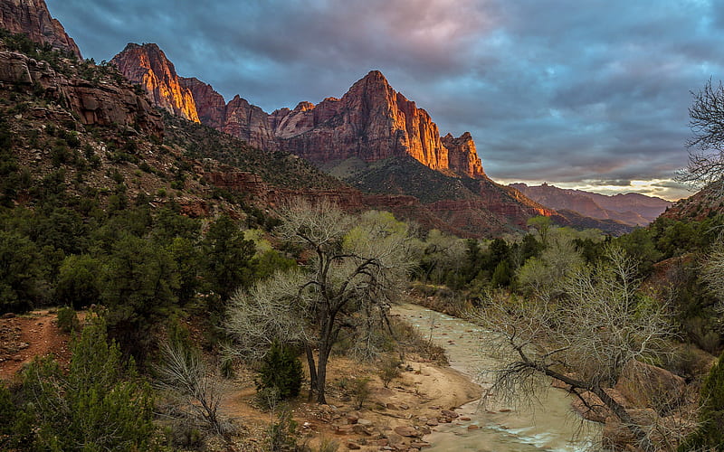 mountain landscape, sunset, brown rocks, evening, Arizona, USA, HD wallpaper