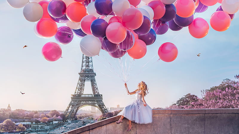Girl With Lots Of Balloons Sitting On The Wall With Background Of Eiffel Tower Paris Travel, HD wallpaper