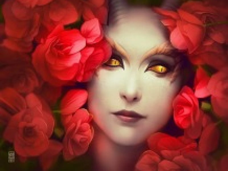 Lying on Red Roses, red, fantasy, redroses, abstract, lady, HD wallpaper