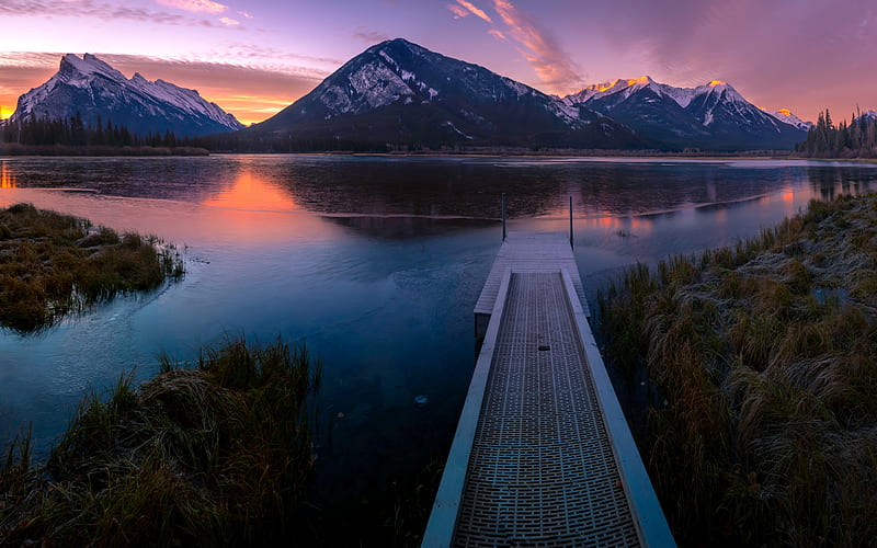 mountain landscape, sunset, lake, mountains, Rocky Mountains, Banff National Park, Canada, HD wallpaper
