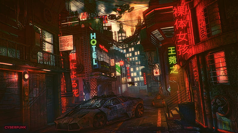 Futuristic Cyber City Lamborghini Night , artist, artwork, digital-art, cyberpunk, science-fiction, lamborghini, HD wallpaper