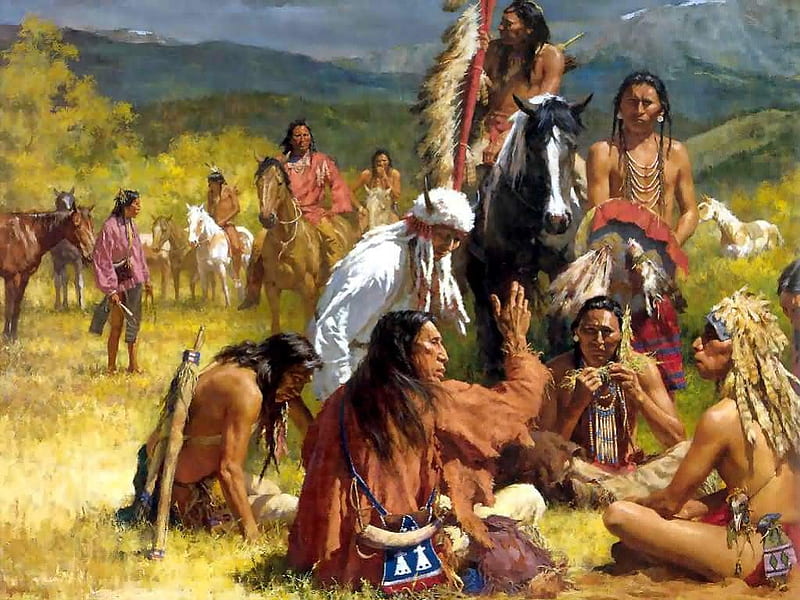 Council of Chiefs, painting, native, america, country, indians, negotiations, landscape, HD wallpaper