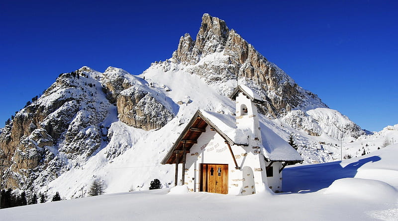 chapel on high on a mountain, mountain, bell tower, chapel, wooden door, winter, HD wallpaper