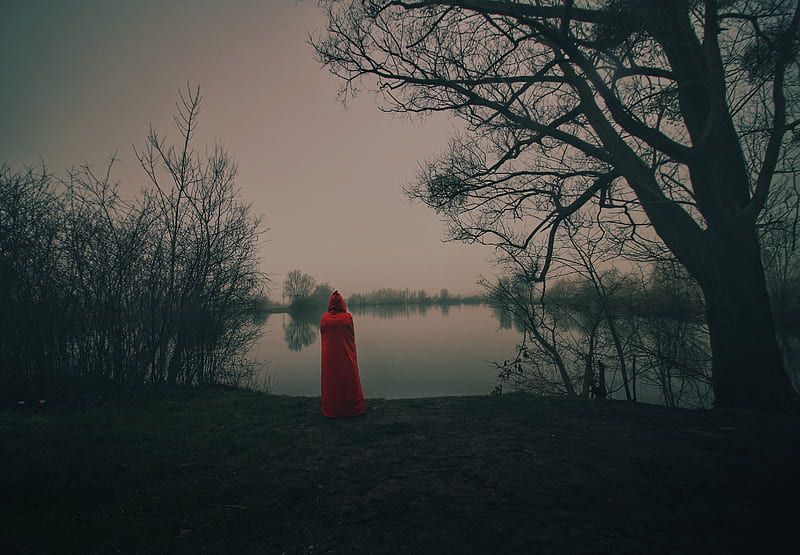 silhouette, red, cloak, lake, shore, HD wallpaper