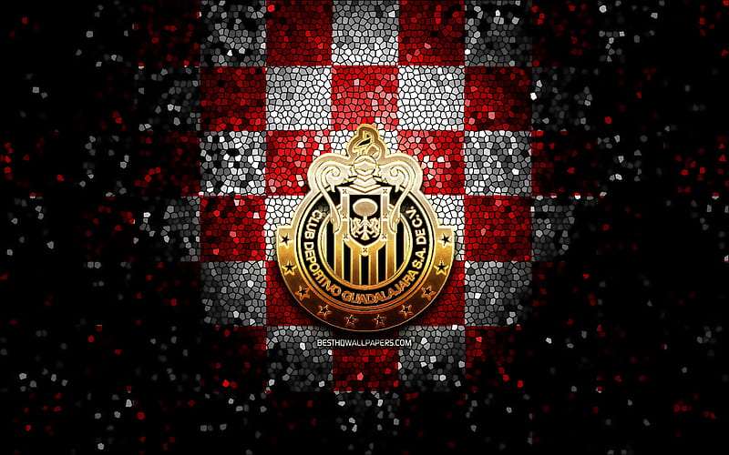 Guadalajara FC, glitter logo, Liga MX, red white checkered background, soccer, mexican football club, Guadalajara logo, mosaic art, Guadalajara Chivas, football, CD Guadalajara, HD wallpaper