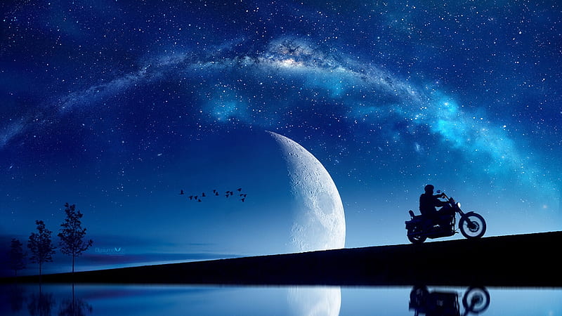 dom, blue, night, motorcycle, moon, luminos, man, silhouette, water, fantasy, moon, ellysiumn, bike, reflection, HD wallpaper