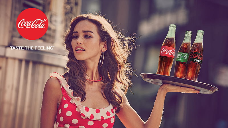 Beauty, red, add, girl, model, bottle, commercial, coca cola, woman, HD wallpaper