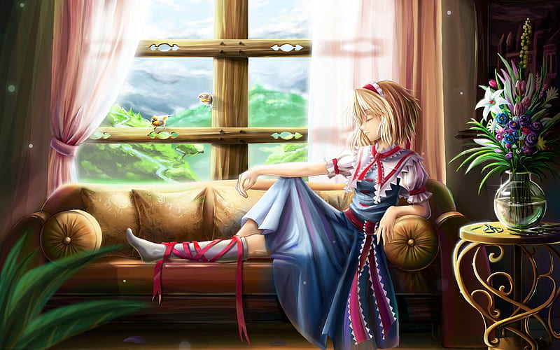 Alice Resting, pillow, window, birds, vase, reclining, alice margatroid, anime, couch, touhou, flowers, HD wallpaper