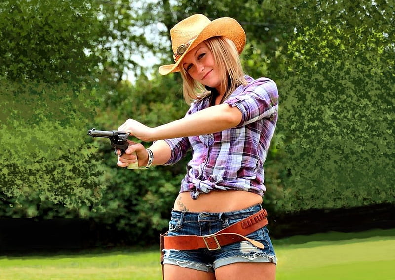 Quick Draw, female, models, hats, holsters, ranch, fun, women, guns, NRA, pistols, cowgirls, girls, blondes, western, style, HD wallpaper
