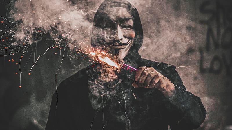 Man Holding Sparkles , mask, anonymus, graphy, hoodie, HD wallpaper