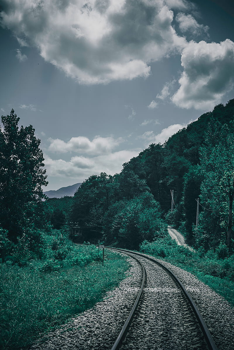 railroad, trees, sky, turn, HD phone wallpaper