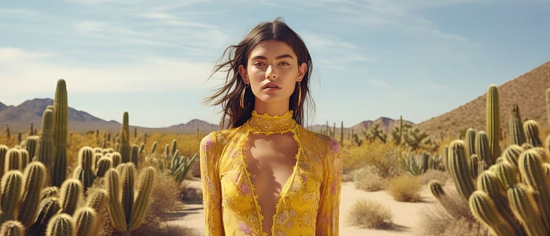 A Girl Standing Alone In The Desert Wearing A Vibrant Yellow Dress, ai-girls, ai, artist, artwork, digital-art, HD wallpaper
