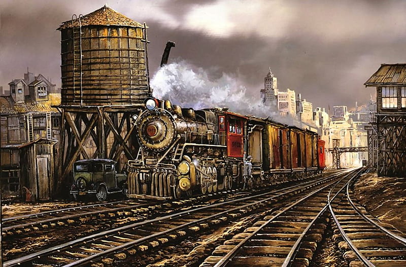 Switch Yard , railroad, art, locomotive, switch, artwork, yard, train, engine, painting, wide screen, tracks, HD wallpaper