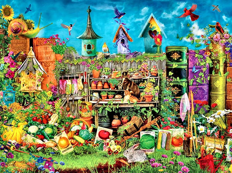 Hidden in the Garden F, art, rabbit, birds, bonito, artwork, feline, avian, painting, flowers, garden, vegetables, scenery, cats, landscape, HD wallpaper