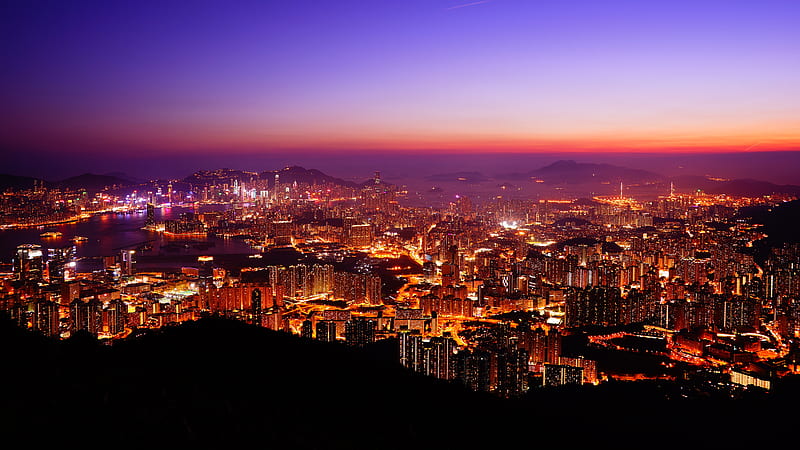hong kong, sunset, clear sky, horizon, scenic, cityscape, skyline, skyscrapers, City, HD wallpaper