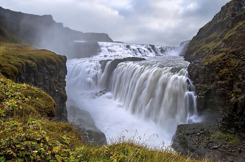 Gullfoss Waterfall, Iceland, water, mountains, river, cascade, landscape, HD wallpaper