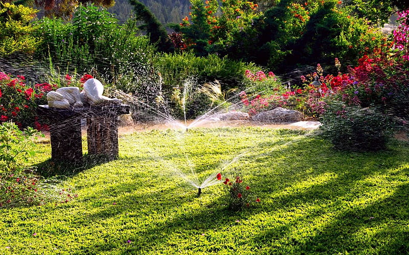 Relaxing Garden, garden, flowers, sprinklers, relaxing, HD wallpaper