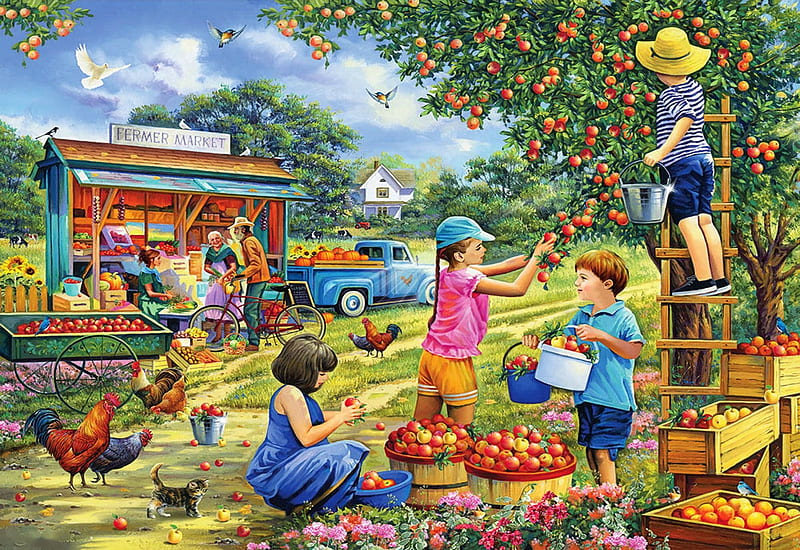 A Great Day For Apple Picking, children, apples, car, poultry, painting, trees, HD wallpaper