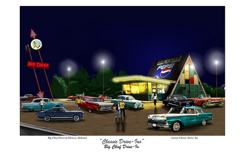 Big Chief, nostalgia, carros, classy, parking lot, diner, lights, night, vintage, HD wallpaper