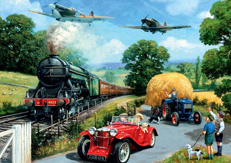 A Different Time, MG, hurricane, tractor, steam train, car, flying scotsman, planes, spitfire, HD wallpaper