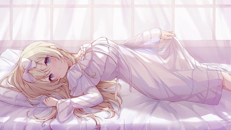 cute anime girl, lying down, pillow, white dress, long hair, Anime, HD wallpaper