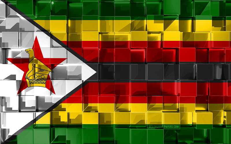 Flag of Zimbabwe, 3d flag, 3d cubes texture, Flags of African countries, 3d art, Zimbabwe, Africa, 3d texture, Zimbabwe flag, HD wallpaper