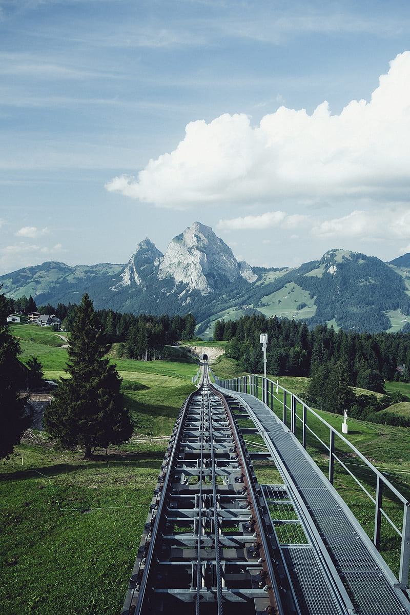 railway, rails, mountains, nature, landscape, HD phone wallpaper
