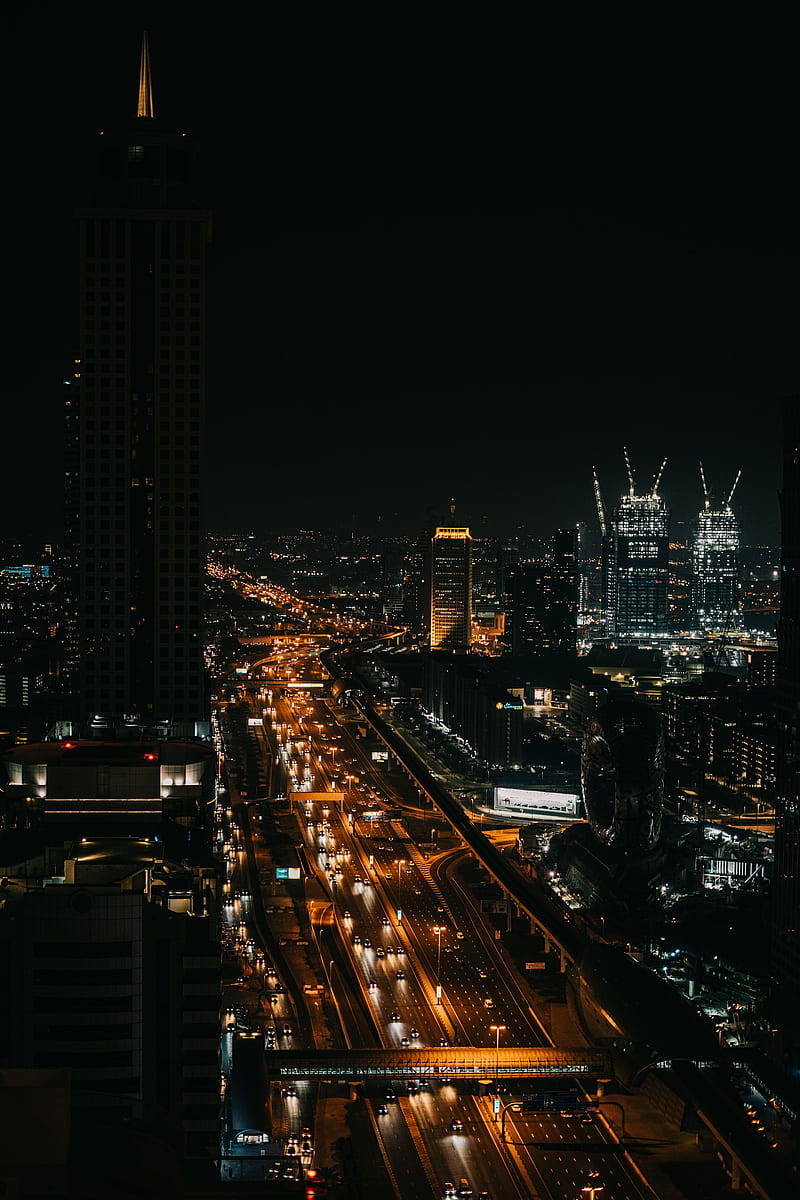 night city, road, skyscraper, buildings, lights, bridge, City, HD phone wallpaper