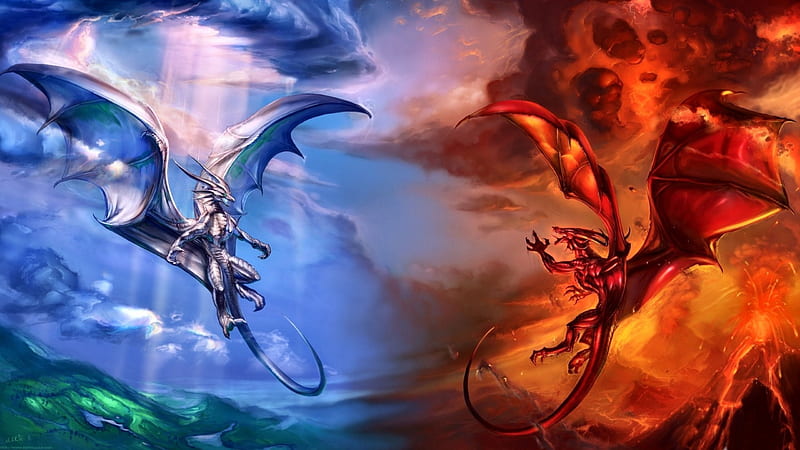 Ice Dragon vs Fire Dragon FC, art, bonito, abstract, artwork, dragons, fire, fantasy, painting, wide screen, ice, HD wallpaper