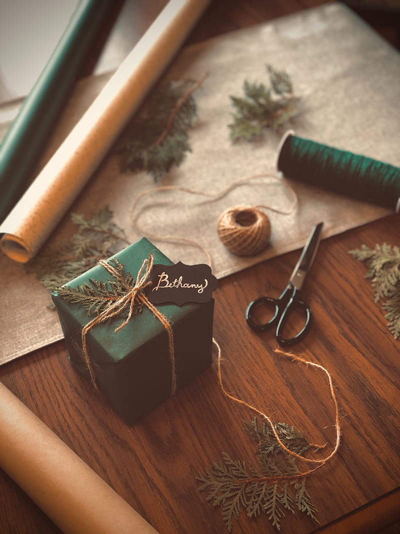 gift, box, scissors, threads, branches, HD phone wallpaper