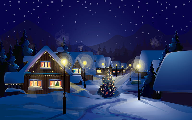 Christmas village, Christmas, Snow, Winter, Night, HD wallpaper