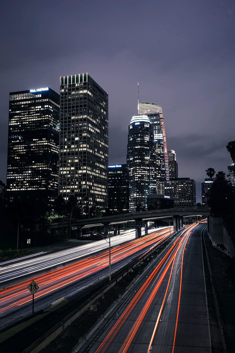 Los Angeles at night, city, view, building, la, light, carros, highway, HD phone wallpaper