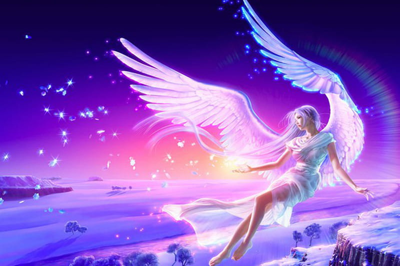 Angel, anime, white, wings, beauiful, peace, flying, fantasy, snow, HD wallpaper