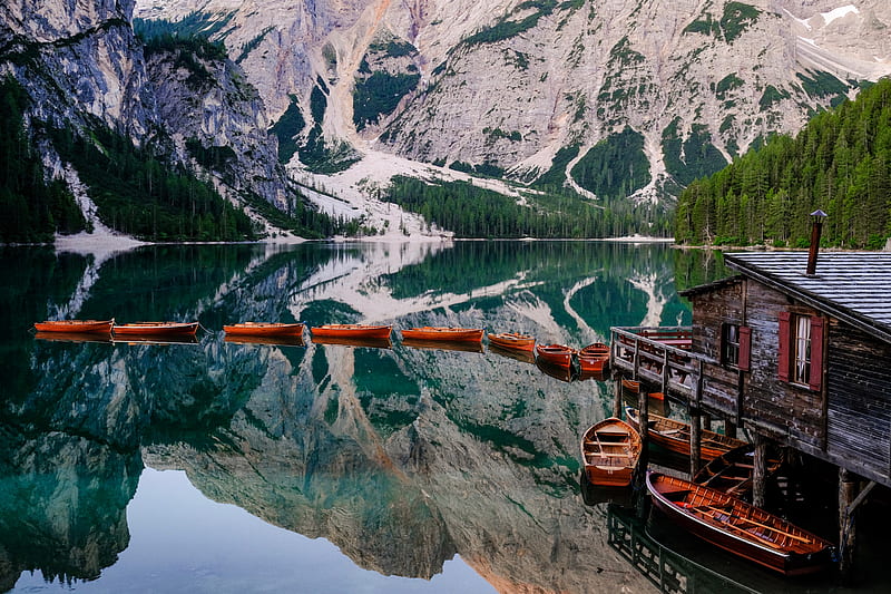 lake, mountains, pier, boats, landscape, HD wallpaper