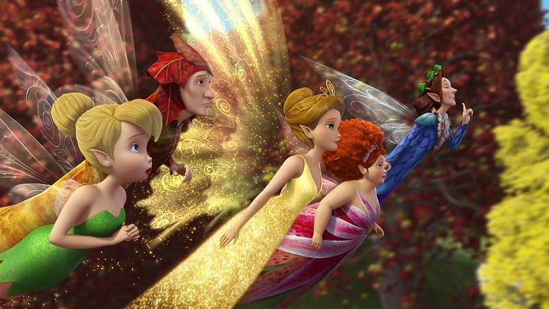 Secret of the wings (2012), red, autumn, movie, clarion, queen, tinker bell, yellow, secret of the wings, tree, fairy, disney, HD wallpaper