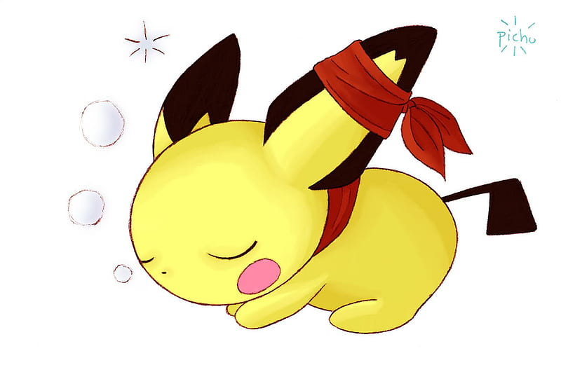Sleeping Pichu- SO CUTE!!!, cute, red bandanna, brown, anime, yellow, pokemon, pichu, sleeping, HD wallpaper