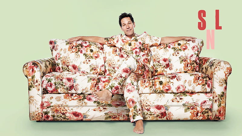 Paul Rudd, green, flower, man, snl, sofa, pink, actor, HD wallpaper