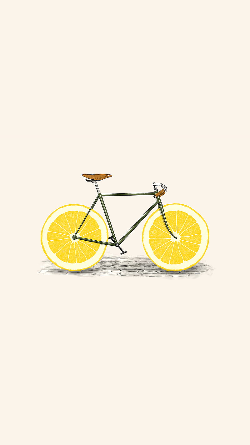 Zest, Florent, digital ink watercolor pop-art concept illustration graphic-design food vintage bike ride bicycle fruit road summer farthing beach yellow pop fun, HD phone wallpaper