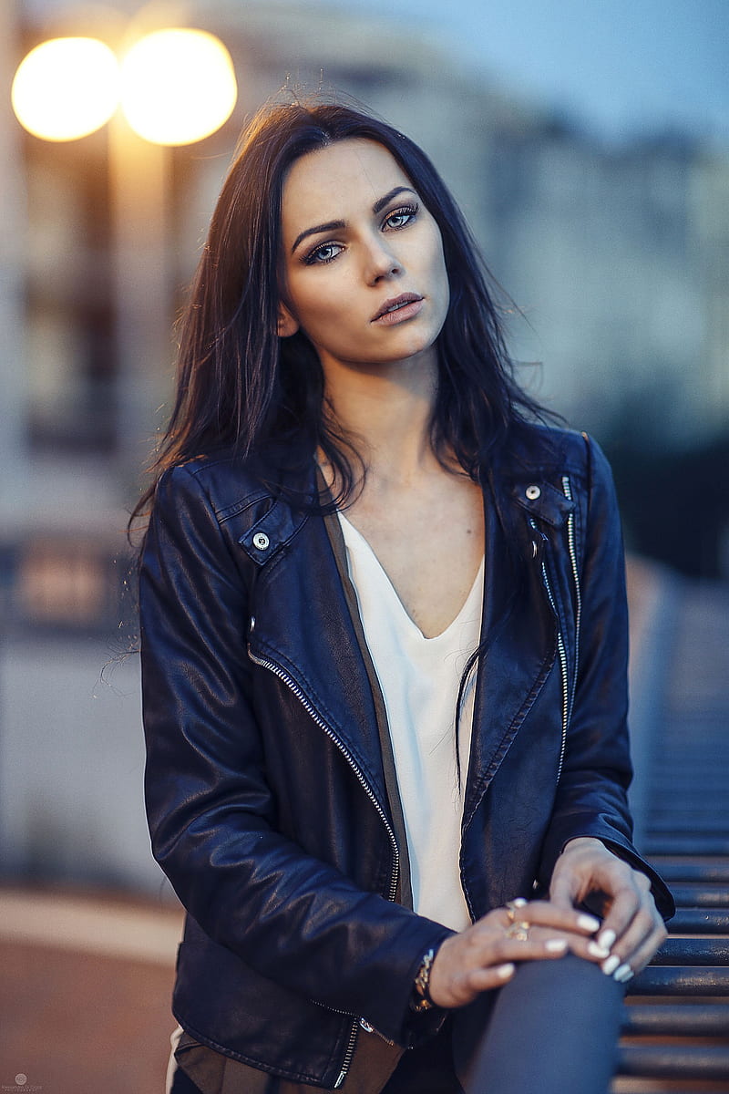 women, dark hair, long hair, white shirt, white clothing, jacket, leather, portrait, Alessandro Di Cicco, leather jackets, black jackets, HD phone wallpaper