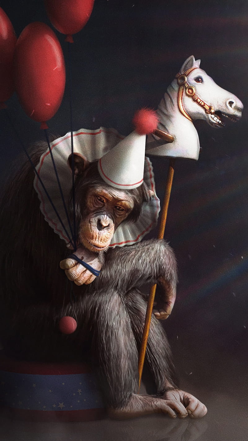 Monkey clown, animal, balloons, circus, horse, red, red balloons, sad, HD phone wallpaper