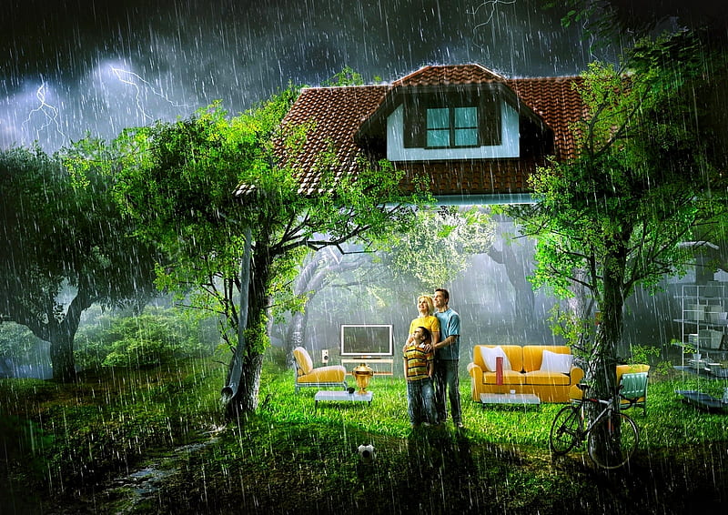 UNDER ONE ROOF, family, forest, roof, house, sitting room, bicycle, trees, happy, lightning, people, rain, household objects, sofa, HD wallpaper