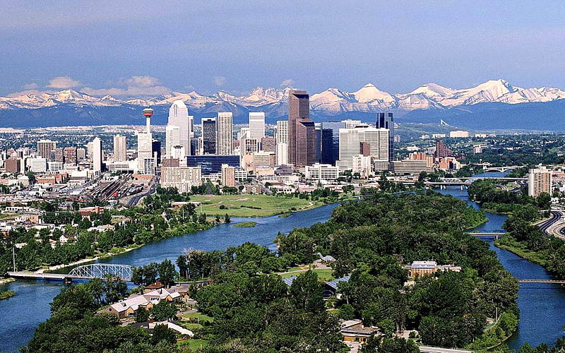 Calgary, Alberta, Mountains, Skyscrapers, River, Cityscape, HD wallpaper