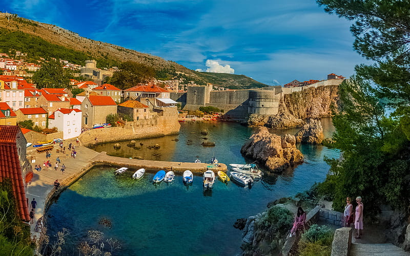 Dubrovnik, morning, beautiful bay, yachts, resorts of Croatia, summer, Adriatic Sea, Croatia, HD wallpaper