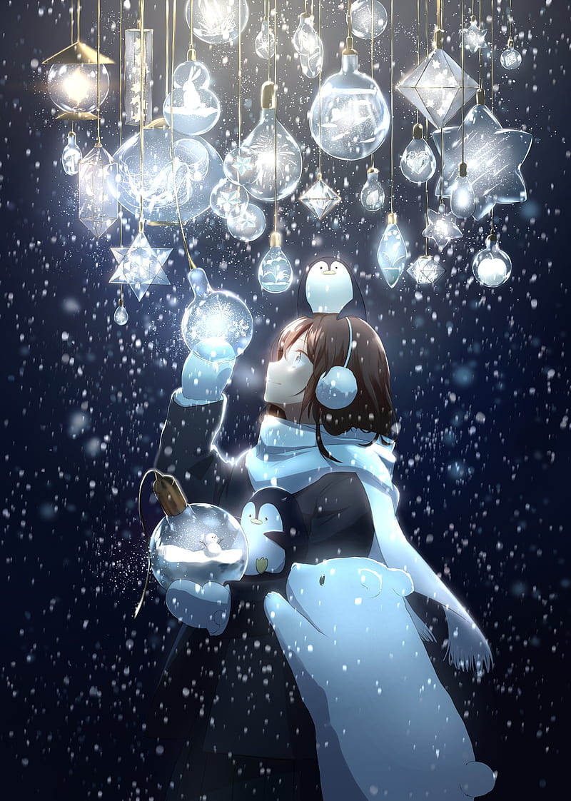 anime girl, light bulbs, smiling, brown hair, white scarf, polar bear, Anime, HD phone wallpaper
