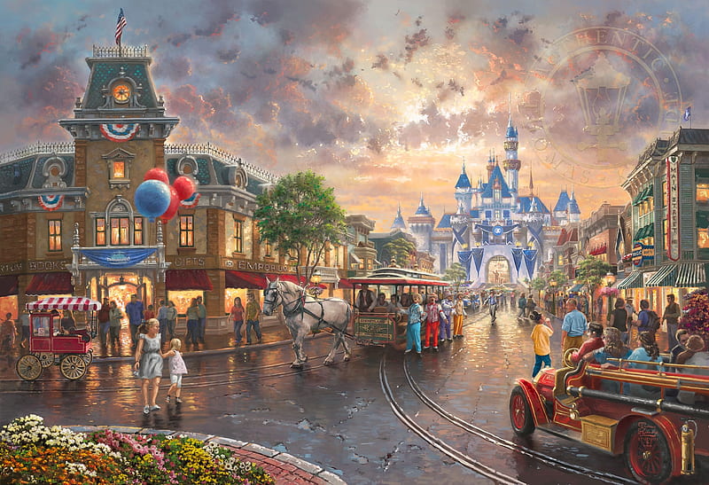 Disneyland 60th Anniversary, disneyland, castle, pictura, thomas kinkade, disney, art, balloon, fantasy, 60th anniverasry, people, car, painting, HD wallpaper