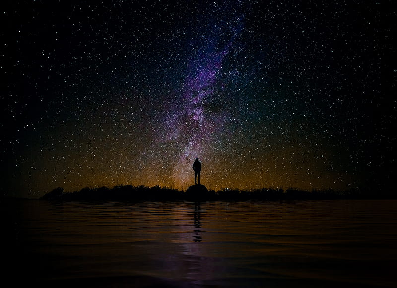 silhouette, starry sky, night, reflection, loneliness, solitude, HD wallpaper