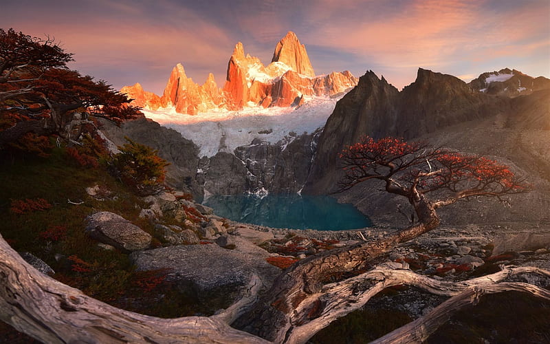 autumn, mountains, Patagonia, sunset, mountain lake, HD wallpaper