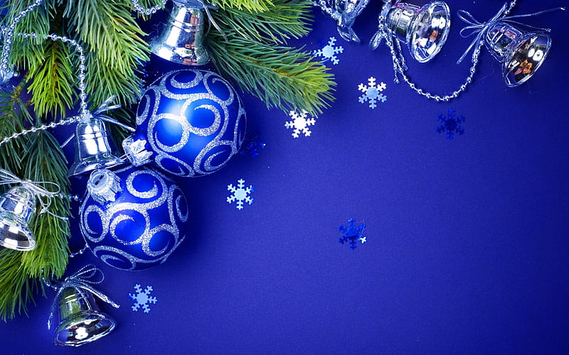 Blue christmas balls, New Year, silver bells, blue background, HD wallpaper